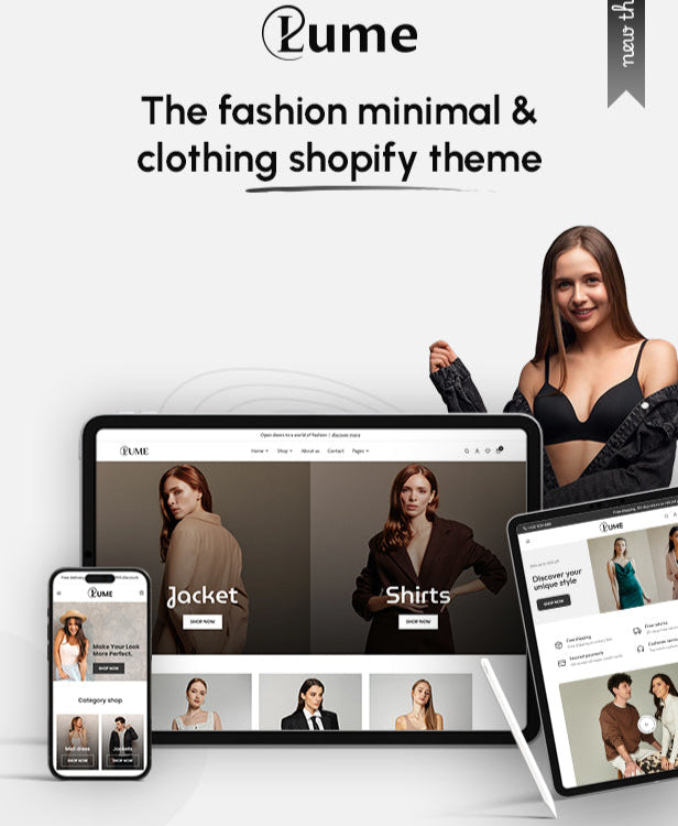 Lume fashion minimal Shopify theme with a woman holding a jacket, computer screen, phone, and tablet displaying the theme.